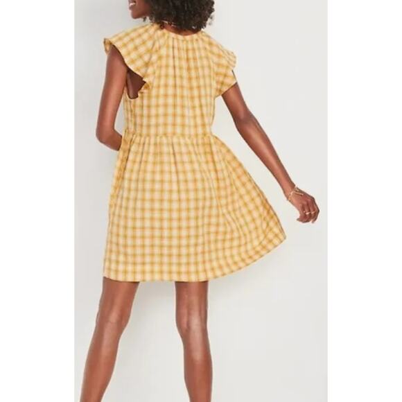 Old Navy Flounce Sleeve Yellow Plaid Mini Swing Dress Women Sz 3X Cotton Cottage - Picture 2 of 11
